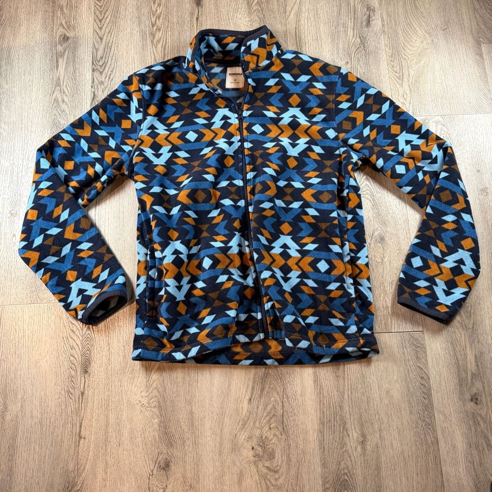 Sonoma Goods For Life Jacket Mens Medium Blue Aztec Fleece Full Zip Geometric